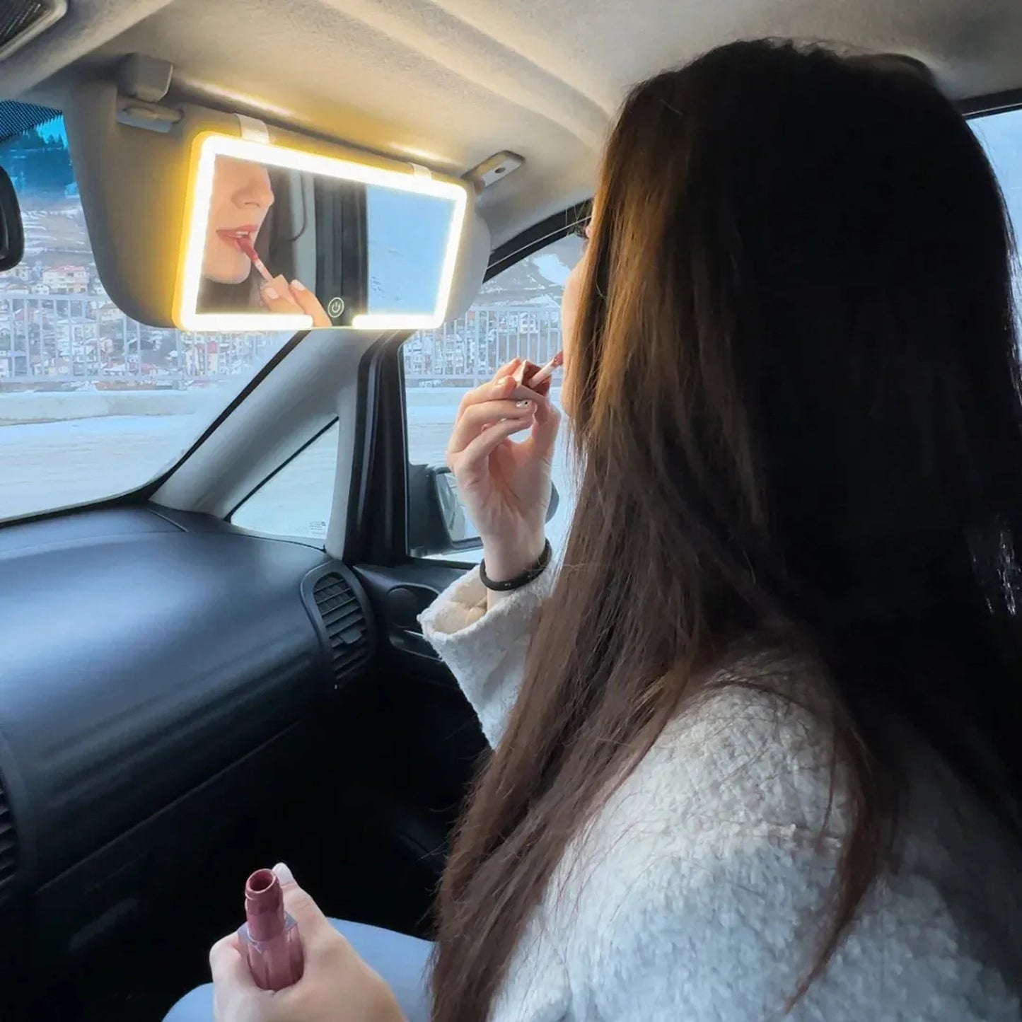 Car mounted makeup mirror, detachable with lights