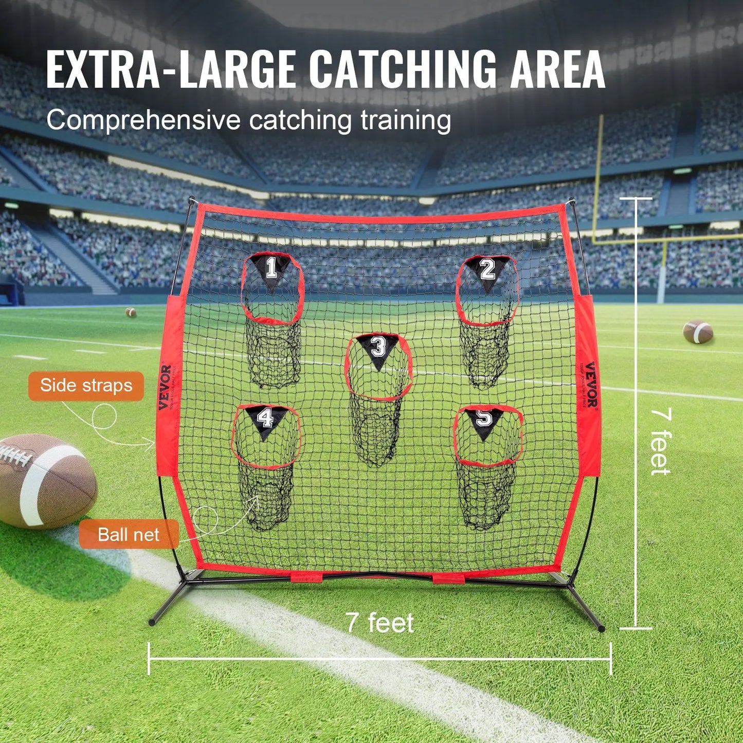7 X 7 ft Red Football Trainer Throwing Net 5 Target Pockets Bow Frame Portable Carry Case Improves QB Accuracy Equipment