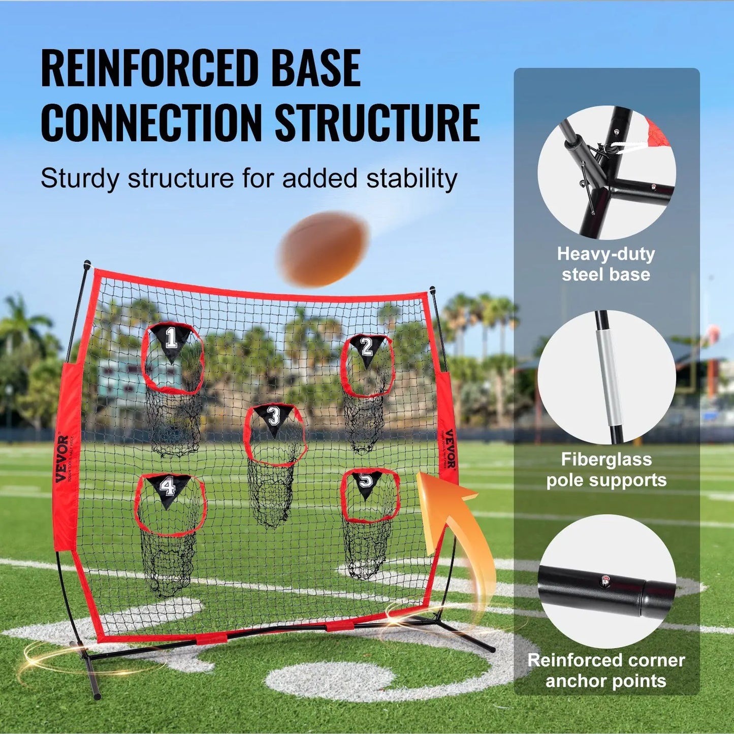 7 X 7 ft Red Football Trainer Throwing Net 5 Target Pockets Bow Frame Portable Carry Case Improves QB Accuracy Equipment