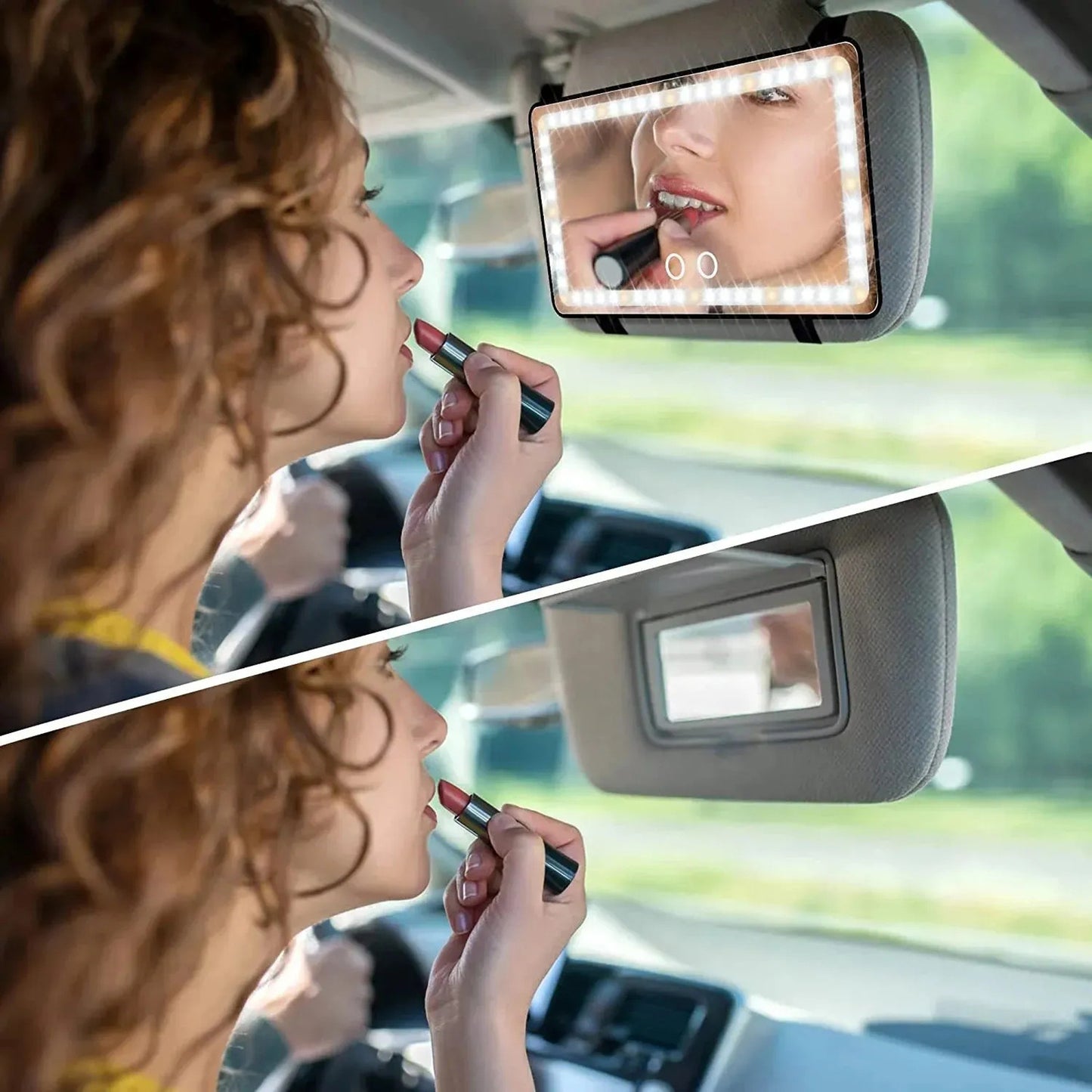 Car mounted makeup mirror, detachable with lights